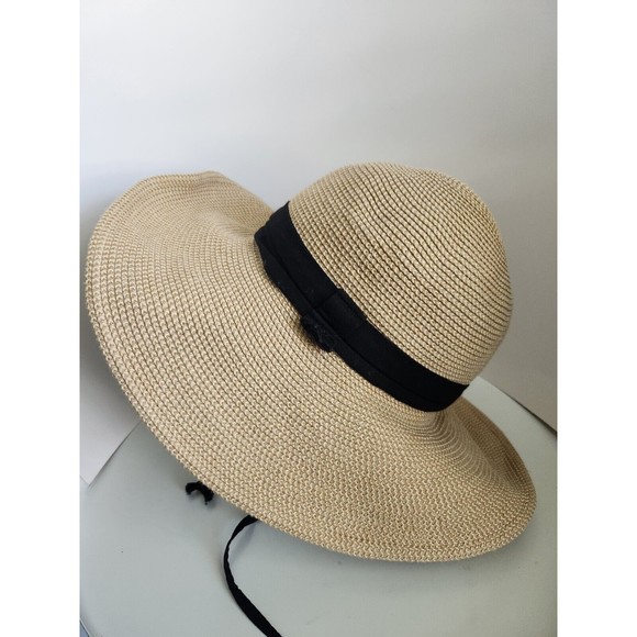 SOLAR ESCAPE Woven Sun Hat Wide Brim Beige w Black Band One Size Adjustable Brim - Picture 3 of 6